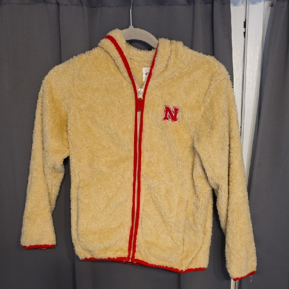 Garb Team Kids Nebraska Furry Jacket Red Trim Zips‎ Pockets Sz 7/8 EUC